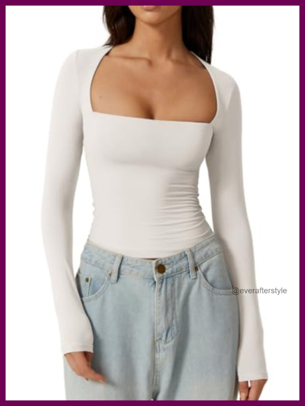 Square Neck Long Sleeve Fitted Tee Double Lined Going Out Top